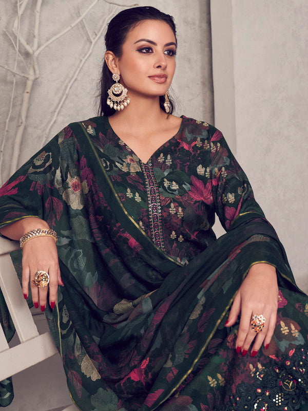 Jyoti Fashion Women's Black Pure Pashmina Digital Print with Jacquard Woven Kurta with Trouser & Dupatta - Distacart