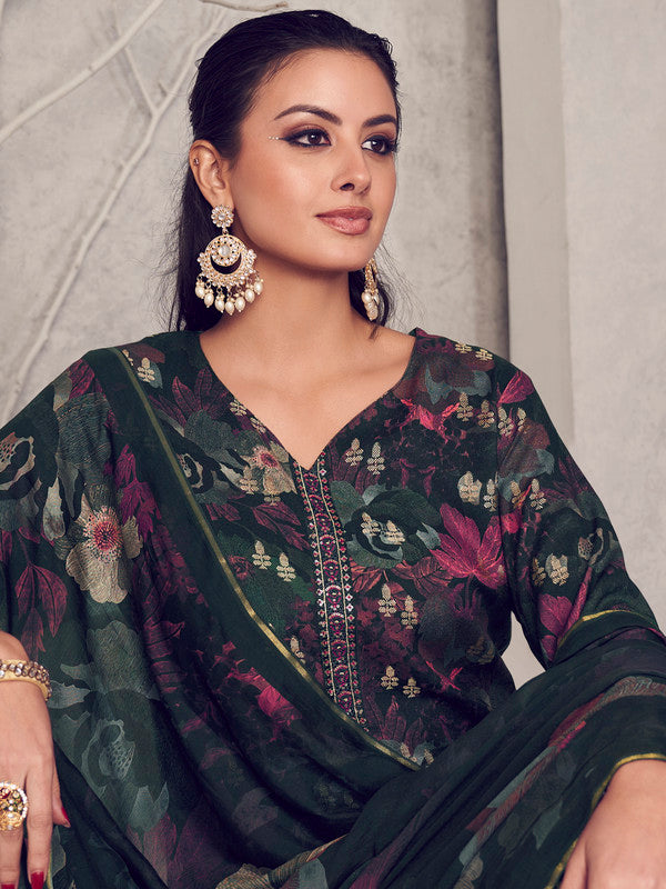 Jyoti Fashion Women's Black Pure Pashmina Digital Print with Jacquard Woven Kurta with Trouser & Dupatta - Distacart