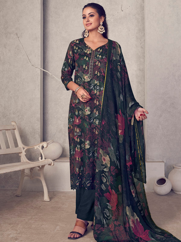 Jyoti Fashion Women's Black Pure Pashmina Digital Print with Jacquard Woven Kurta with Trouser & Dupatta - Distacart