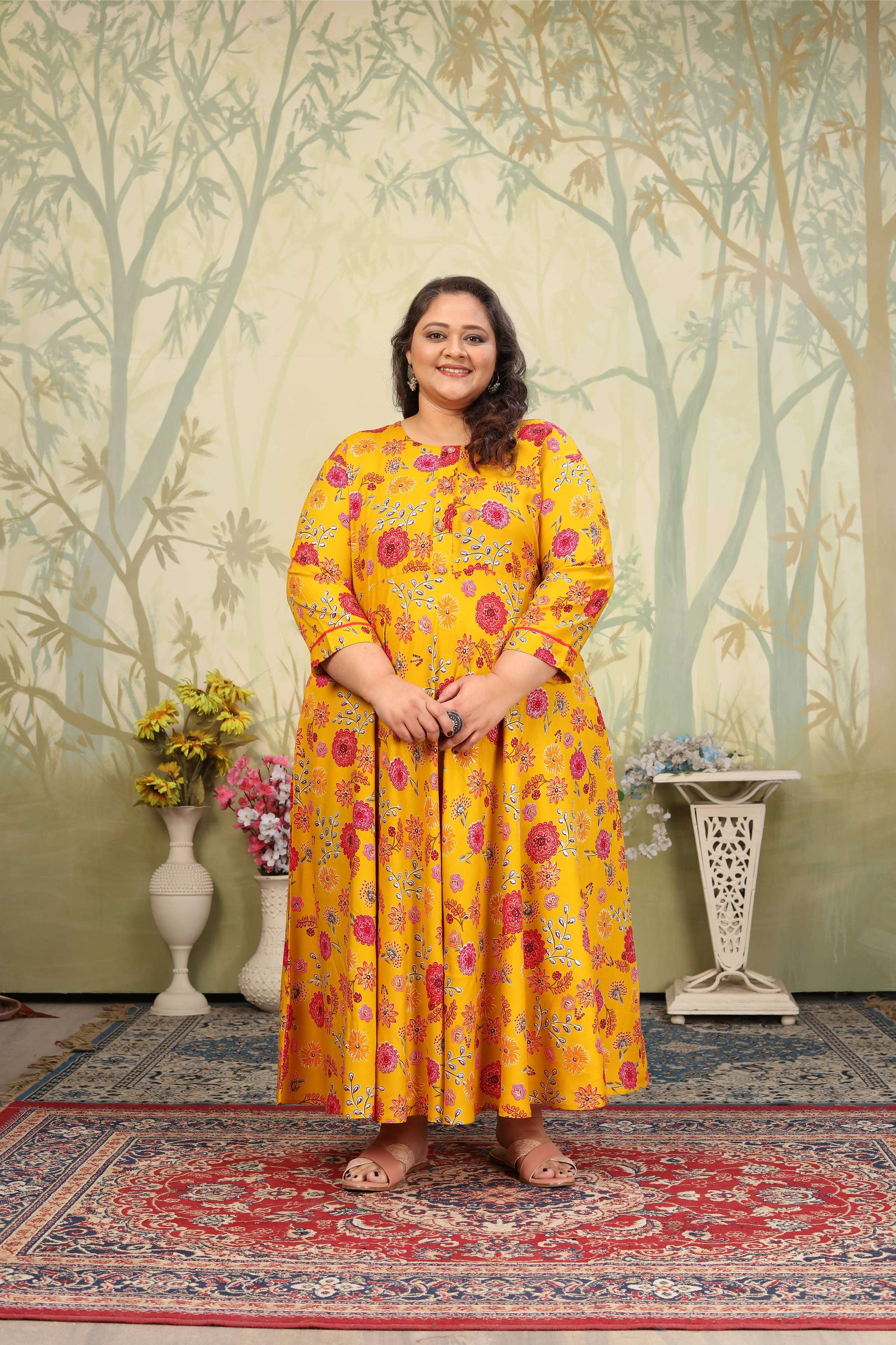 Jyoti Fashion Women's Yellow Rayon Floral Print with Sequins Designer Anarkali Set - Distacart