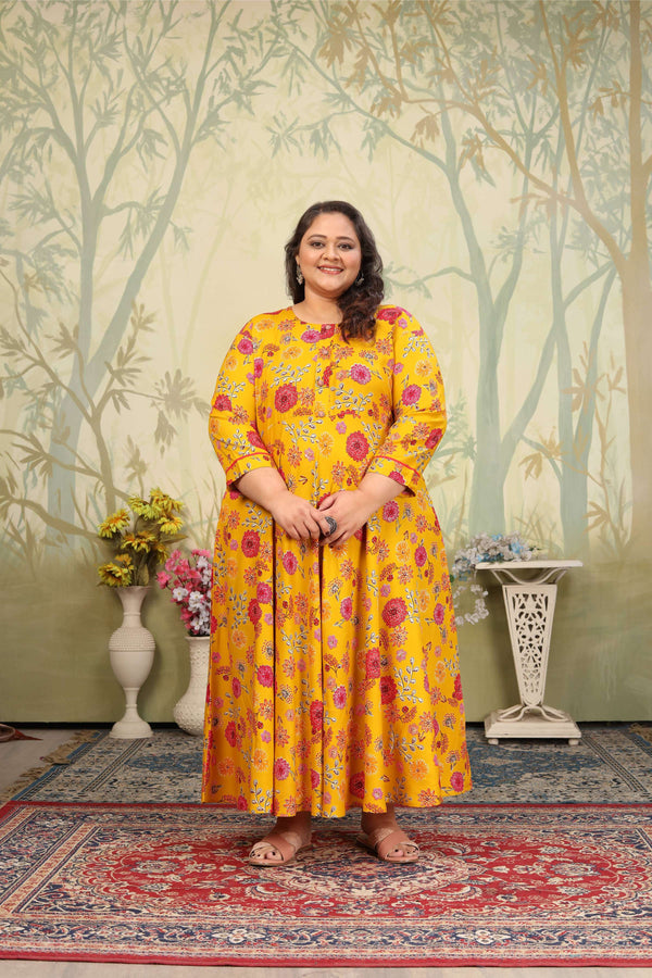 Jyoti Fashion Women's Yellow Rayon Floral Print with Sequins Designer Anarkali Set