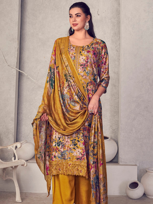 Jyoti Fashion Women's Mustard Pure Pashmina Digital Print with Jacquard Woven Kurta with Trouser & Dupatta - Distacart