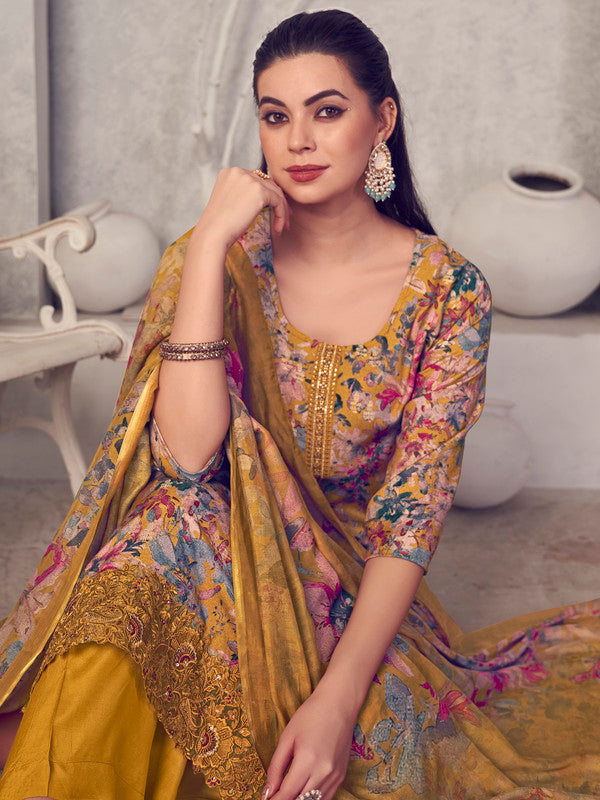Jyoti Fashion Women's Mustard Pure Pashmina Digital Print with Jacquard Woven Kurta with Trouser & Dupatta - Distacart