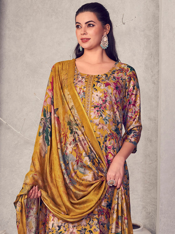 Jyoti Fashion Women's Mustard Pure Pashmina Digital Print with Jacquard Woven Kurta with Trouser & Dupatta - Distacart