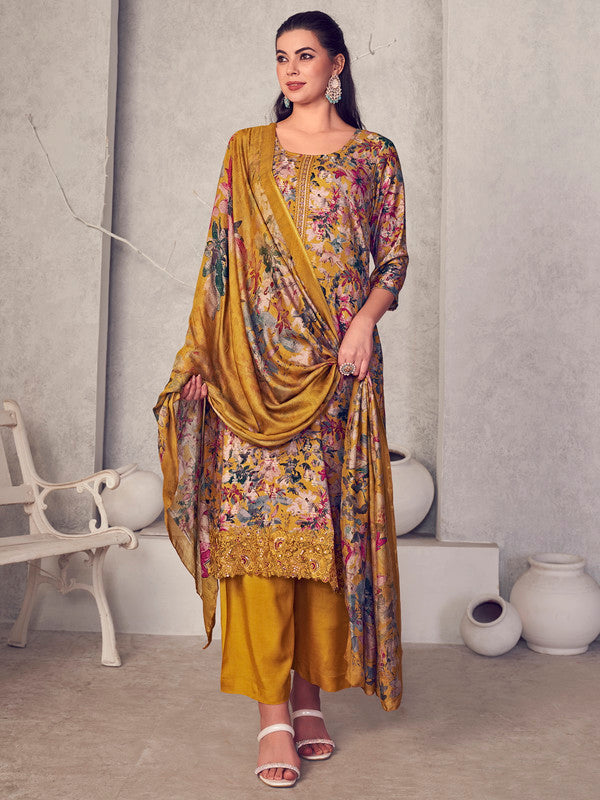 Jyoti Fashion Women's Mustard Pure Pashmina Digital Print with Jacquard Woven Kurta with Trouser & Dupatta - Distacart