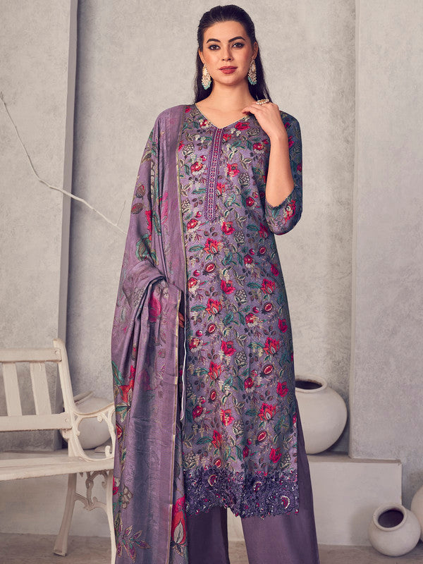 Jyoti Fashion Women's Purple Pure Pashmina Digital Print with Jacquard Woven Kurta with Trouser & Dupatta - Distacart