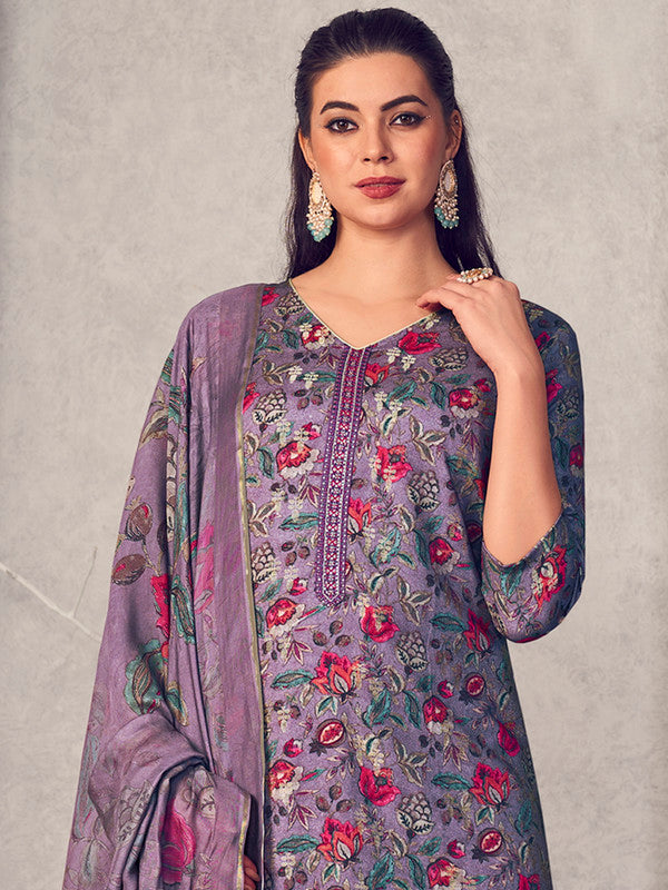 Jyoti Fashion Women's Purple Pure Pashmina Digital Print with Jacquard Woven Kurta with Trouser & Dupatta - Distacart