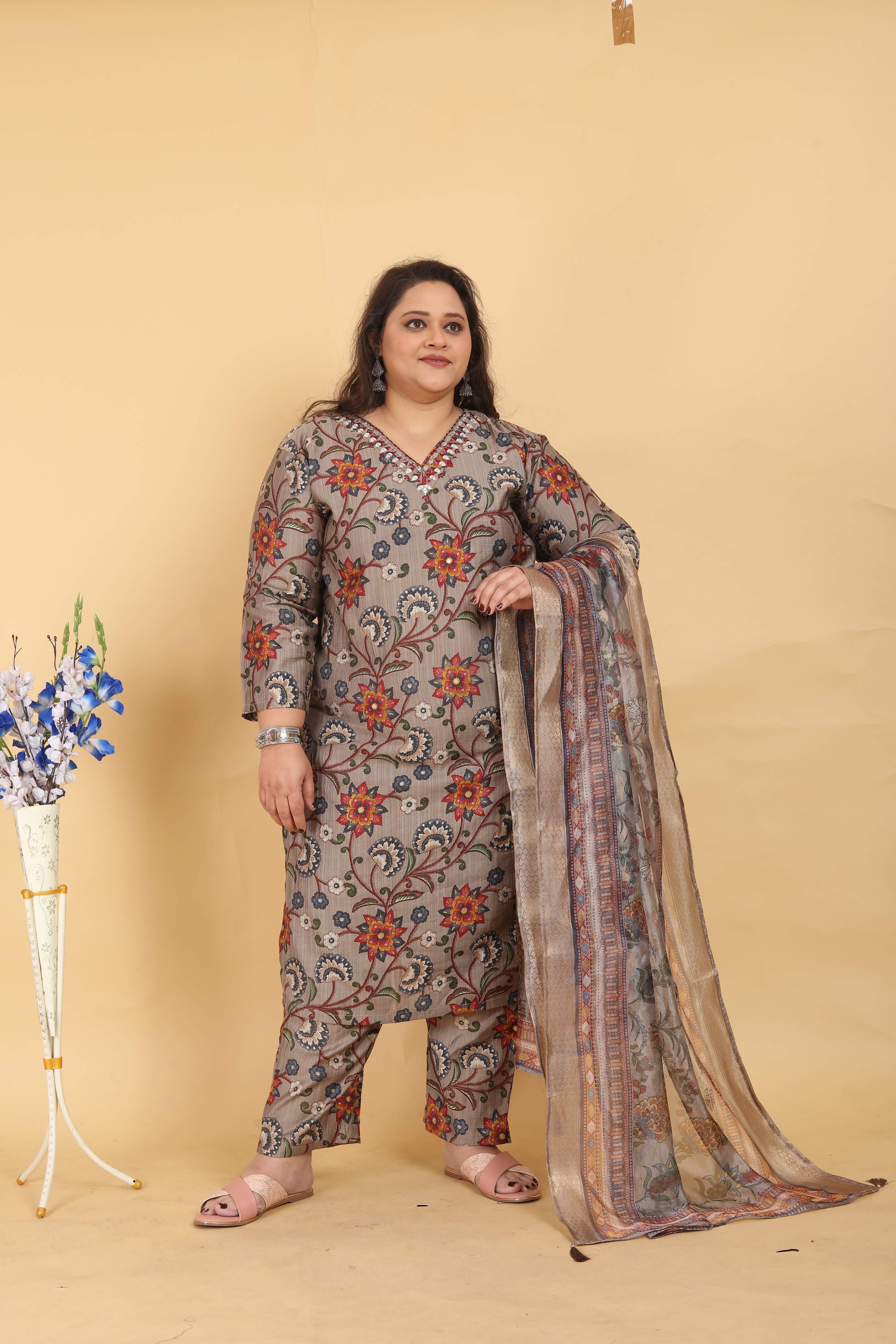 Jyoti Fashion Women's Grey Lichi Viscose Digital Print with Handwork Kurta Set - Distacart