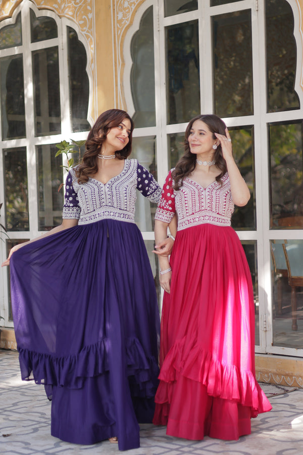 Jyoti Fashion Women's Purple with Pink Star Georgette Embroidered Combo Anarkali Set With Bottom - Distacart