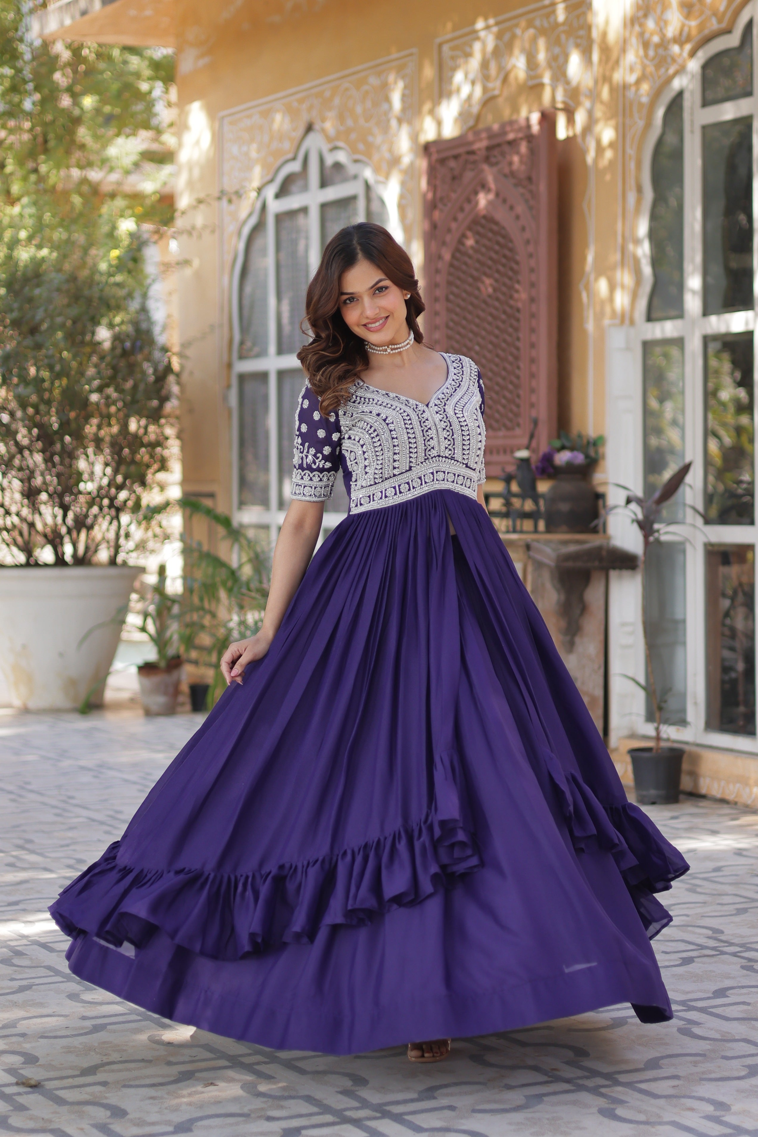 Jyoti Fashion Women's Purple Star Georgette Embroidered Anarkali Set With Bottom - Distacart