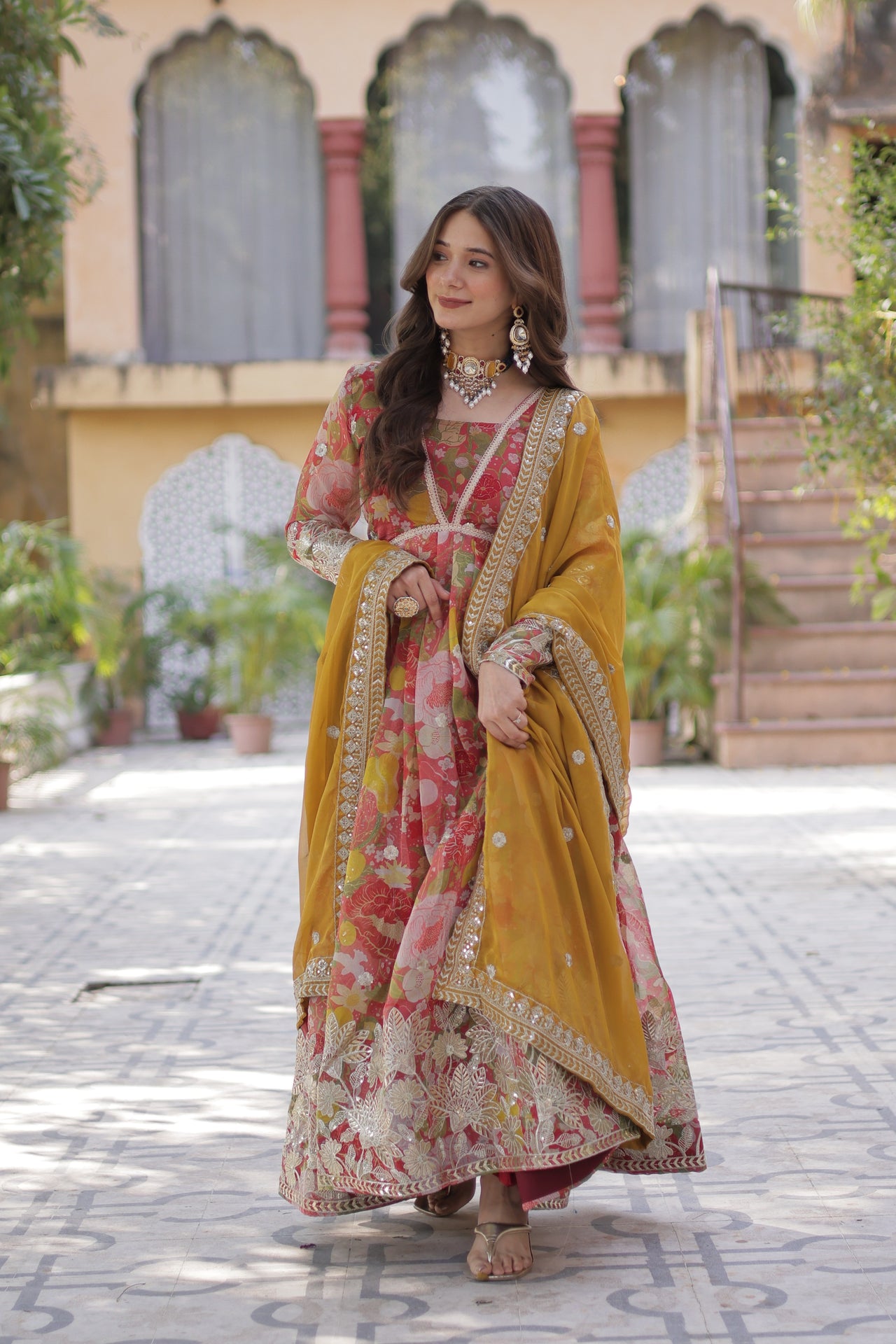 Jyoti Fashion Women's Red Russian Silk Foil Print with Sequence Embroidered Anarkali Set With Dupatta