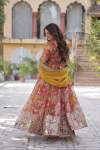 Thumbnail for Jyoti Fashion Women's Red Russian Silk Foil Print with Sequence Embroidered Anarkali Set With Dupatta