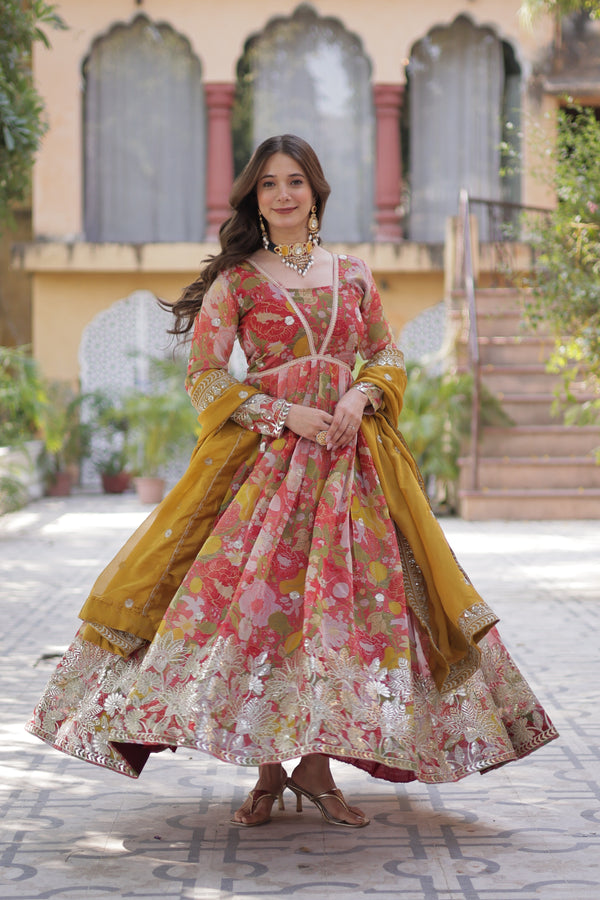 Jyoti Fashion Women's Red Russian Silk Foil Print with Sequence Embroidered Anarkali Set With Dupatta - Distacart