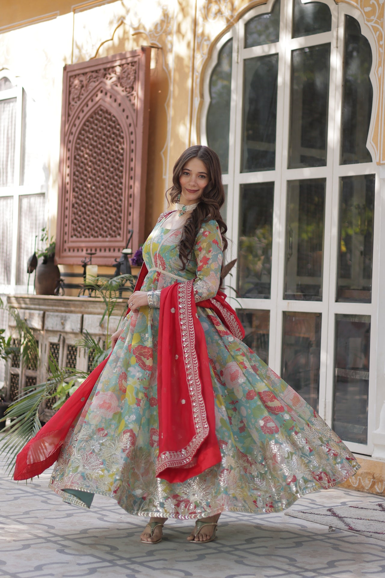 Jyoti Fashion Women's Sky Blue Russian Silk Foil Print with Sequence Embroidered Anarkali Set With Dupatta