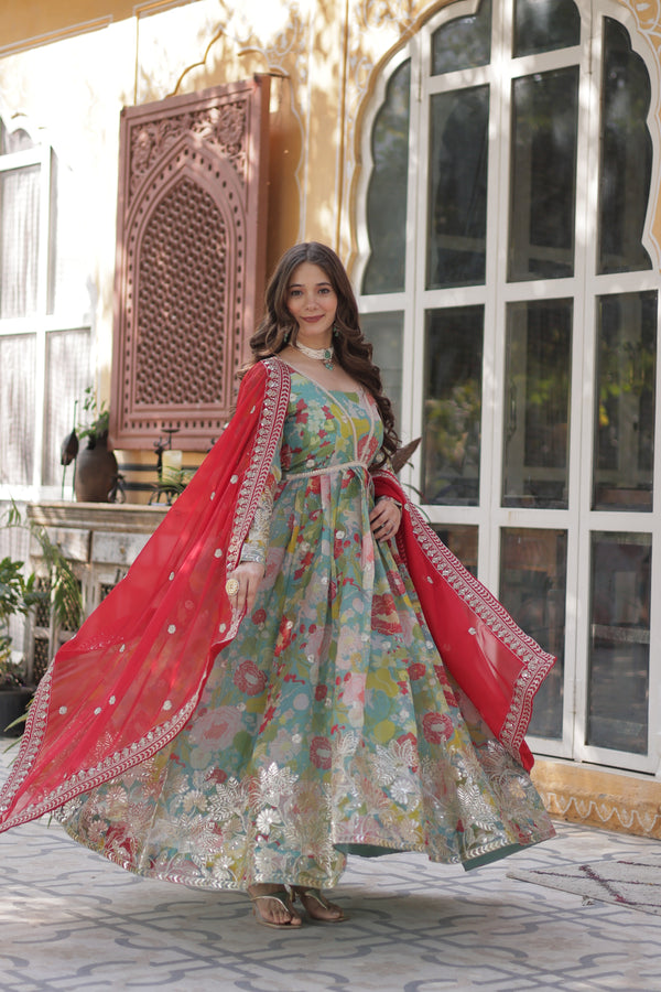 Jyoti Fashion Women's Sky Blue Russian Silk Foil Print with Sequence Embroidered Anarkali Set With Dupatta - Distacart