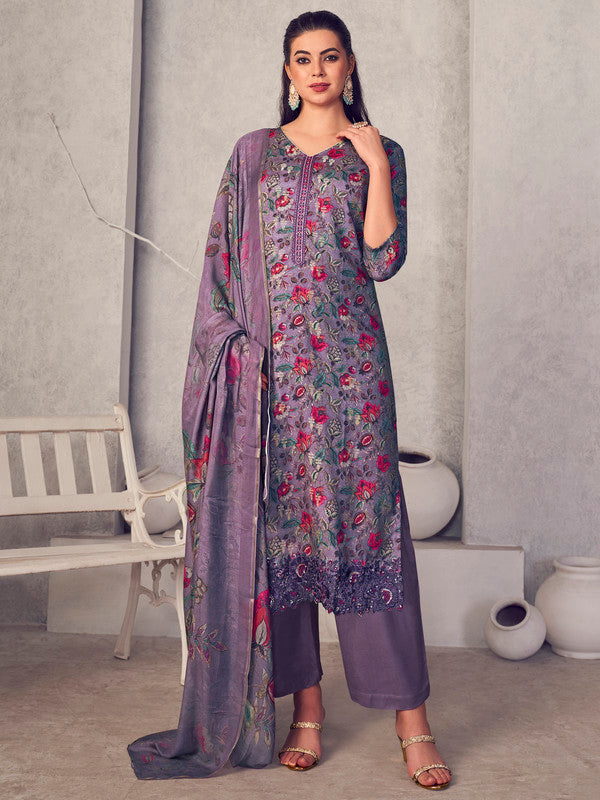 Jyoti Fashion Women's Purple Pure Pashmina Digital Print with Jacquard Woven Kurta with Trouser & Dupatta - Distacart