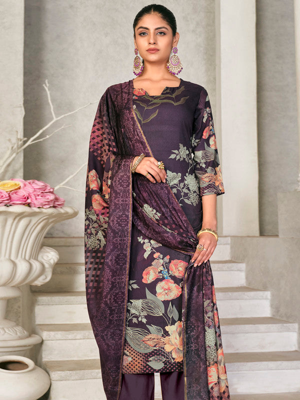 Jyoti Fashion Women's Violet Pashmina Floral Digital Printed Kurta with Trouser & Dupatta - Distacart