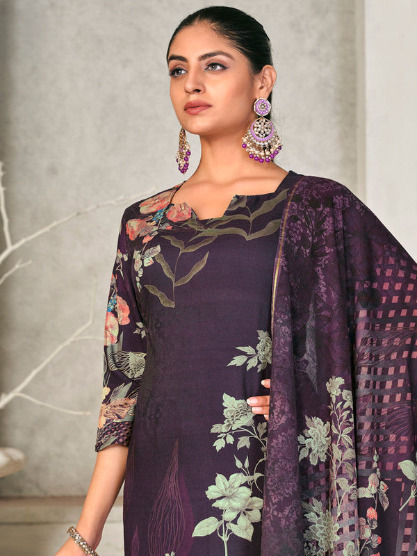 Jyoti Fashion Women's Violet Pashmina Floral Digital Printed Kurta with Trouser & Dupatta - Distacart