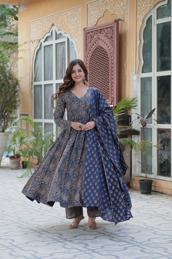 Jyoti Fashion Women's Blue Cotton Floral Printed Designer Kurta Set - Distacart