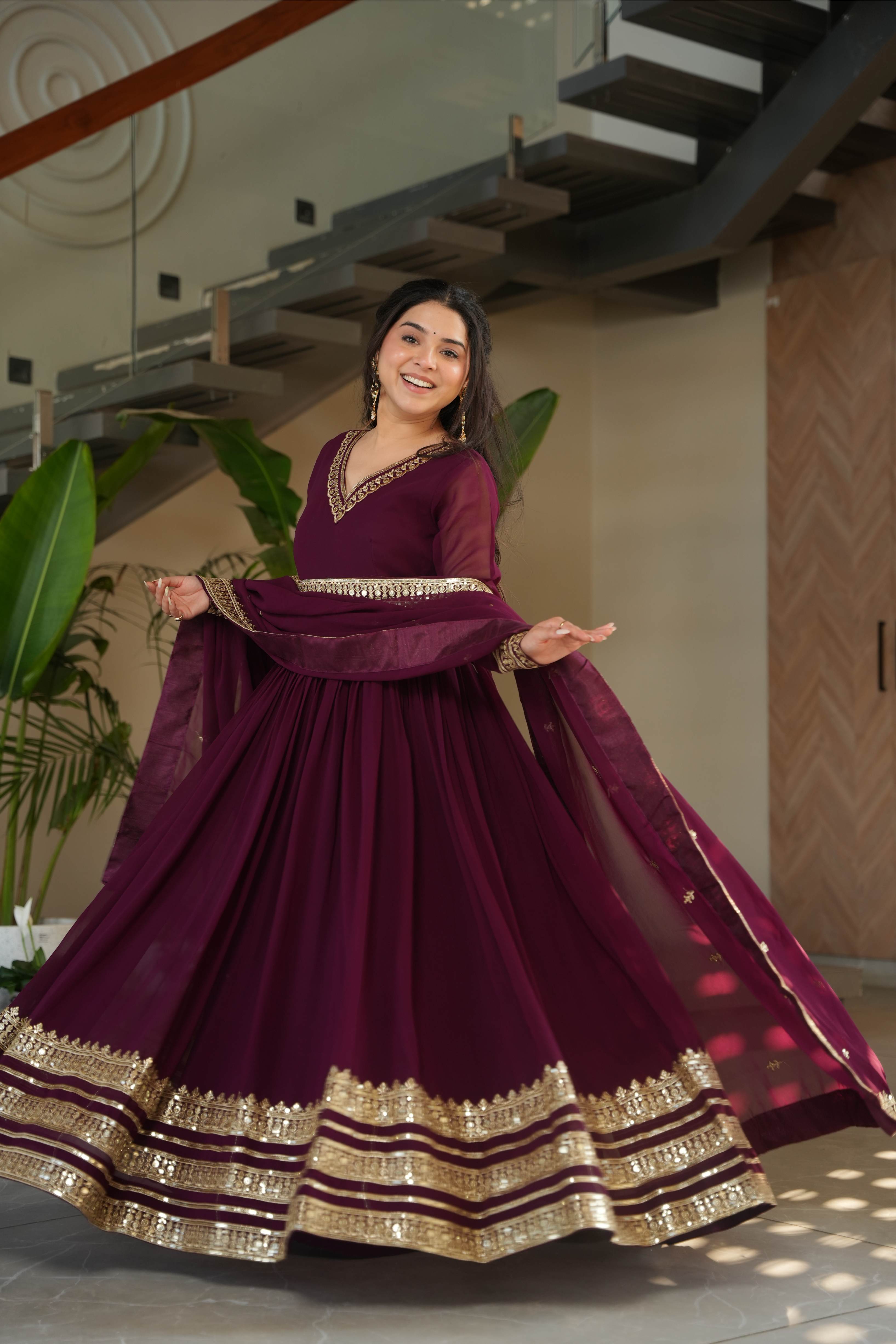 Jyoti Fashion Women's Wine Faux Blooming Sequins Zari Embroidered Anarkali Set With Dupatta - Distacart