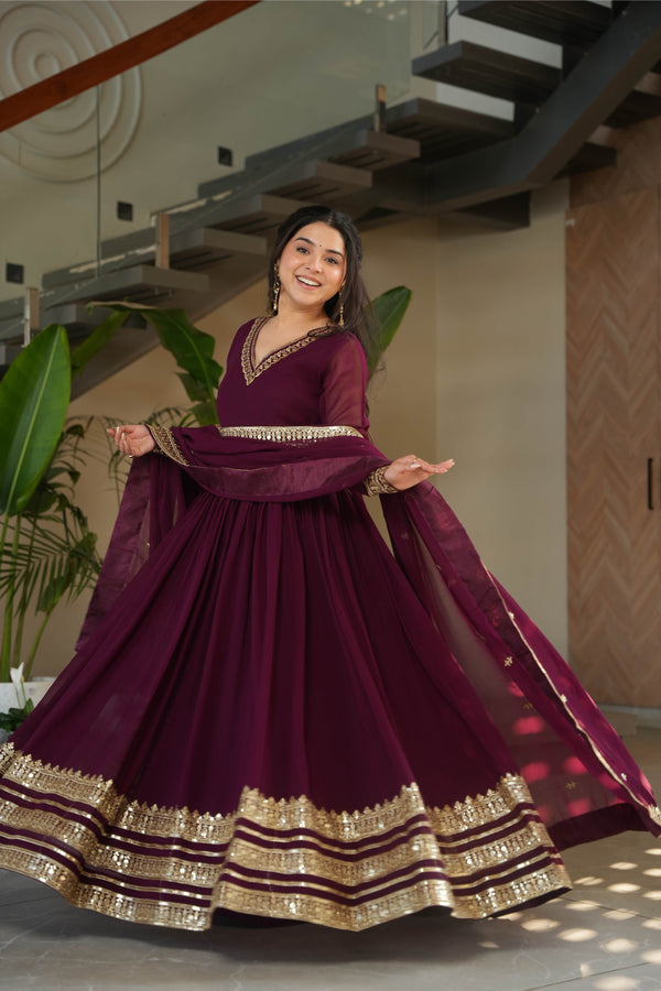 Jyoti Fashion Women's Wine Faux Blooming Sequins Zari Embroidered Anarkali Set With Dupatta - Distacart