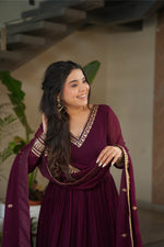 Thumbnail for Jyoti Fashion Women's Wine Faux Blooming Sequins Zari Embroidered Anarkali Set With Dupatta - Distacart