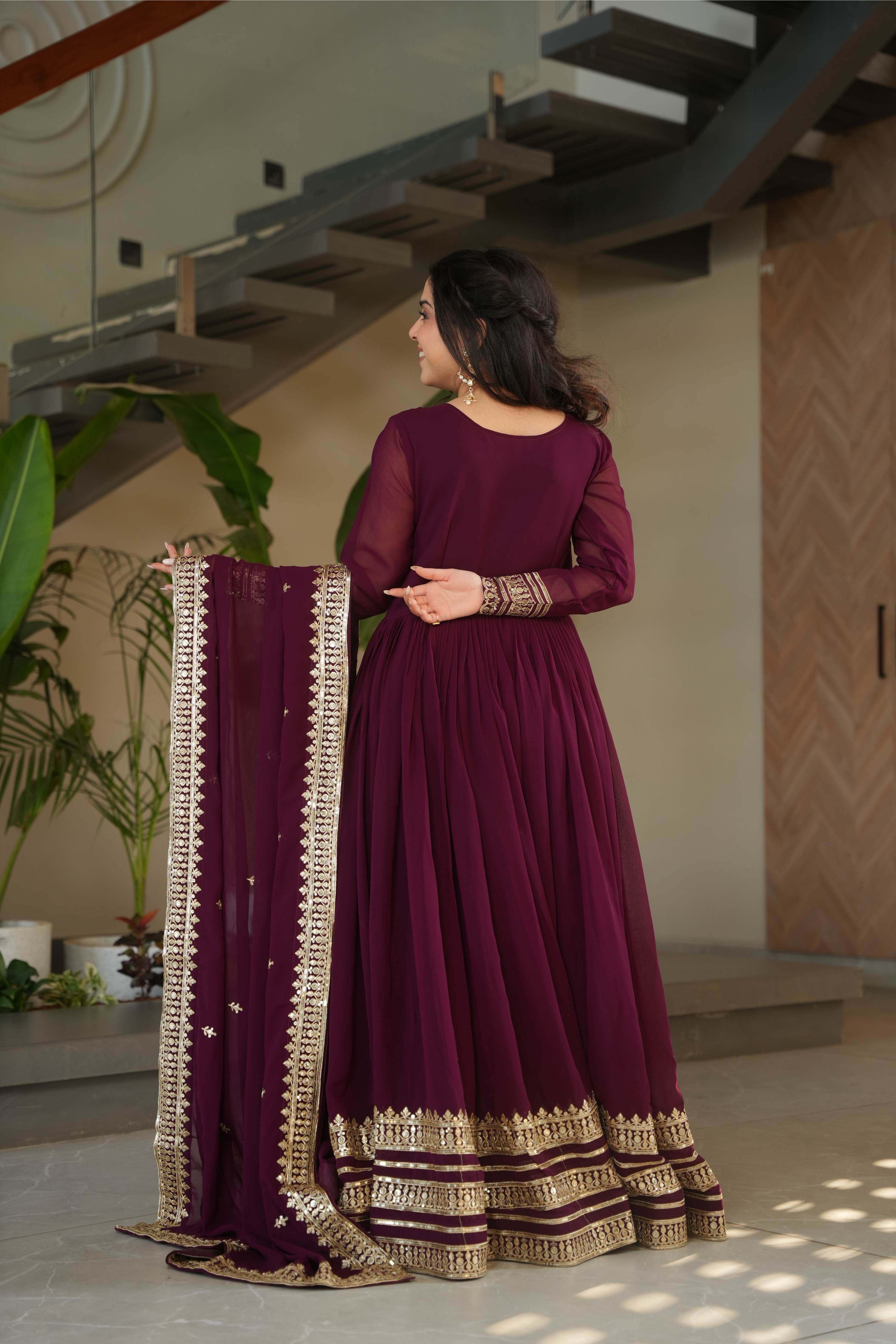 Jyoti Fashion Women's Wine Faux Blooming Sequins Zari Embroidered Anarkali Set With Dupatta - Distacart