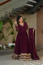 Thumbnail for Jyoti Fashion Women's Wine Faux Blooming Sequins Zari Embroidered Anarkali Set With Dupatta - Distacart