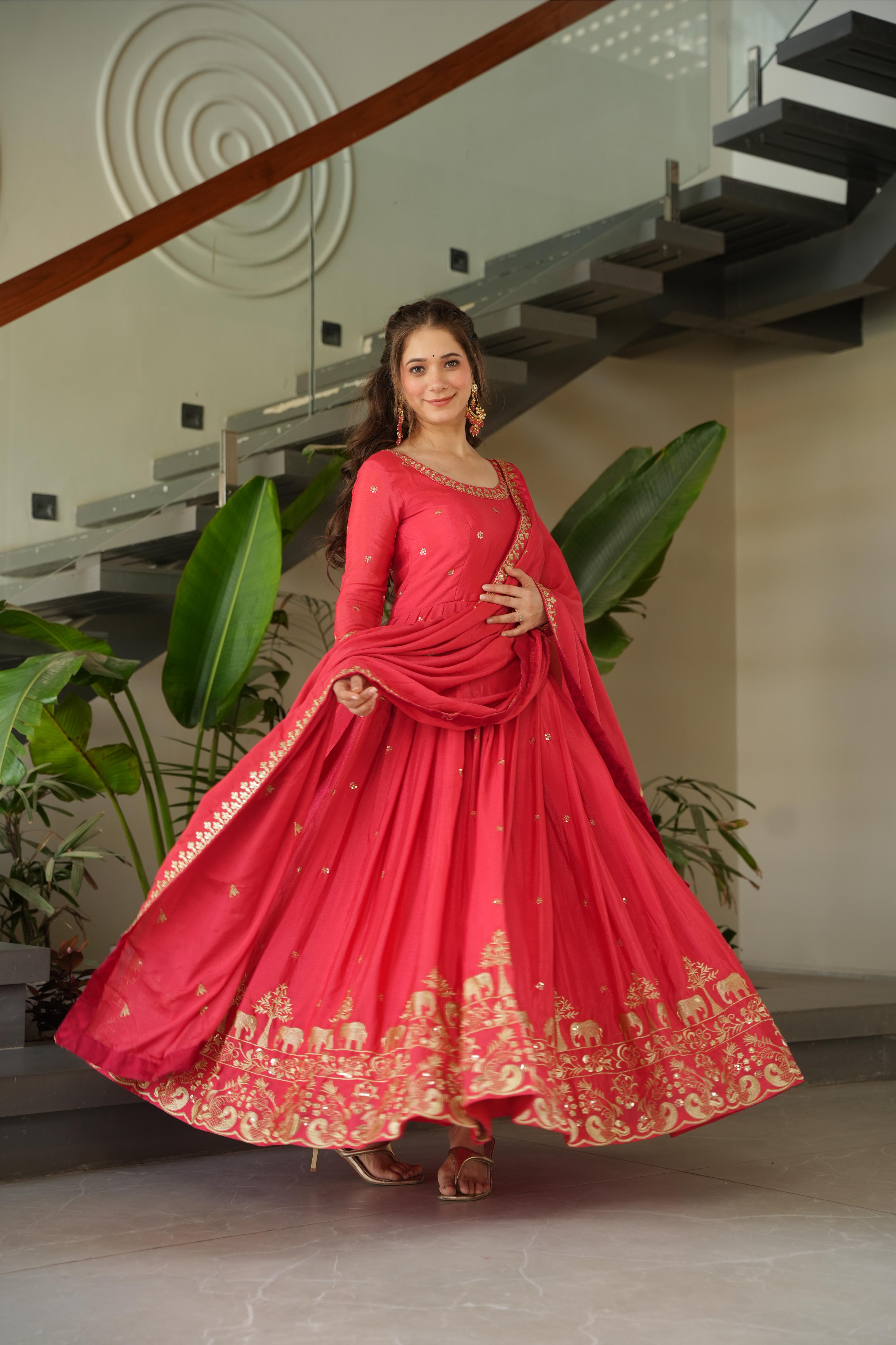 Jyoti Fashion Women's Pink Chinon Sequins Zari Embroidered Anarkali Set With Dupatta - Distacart