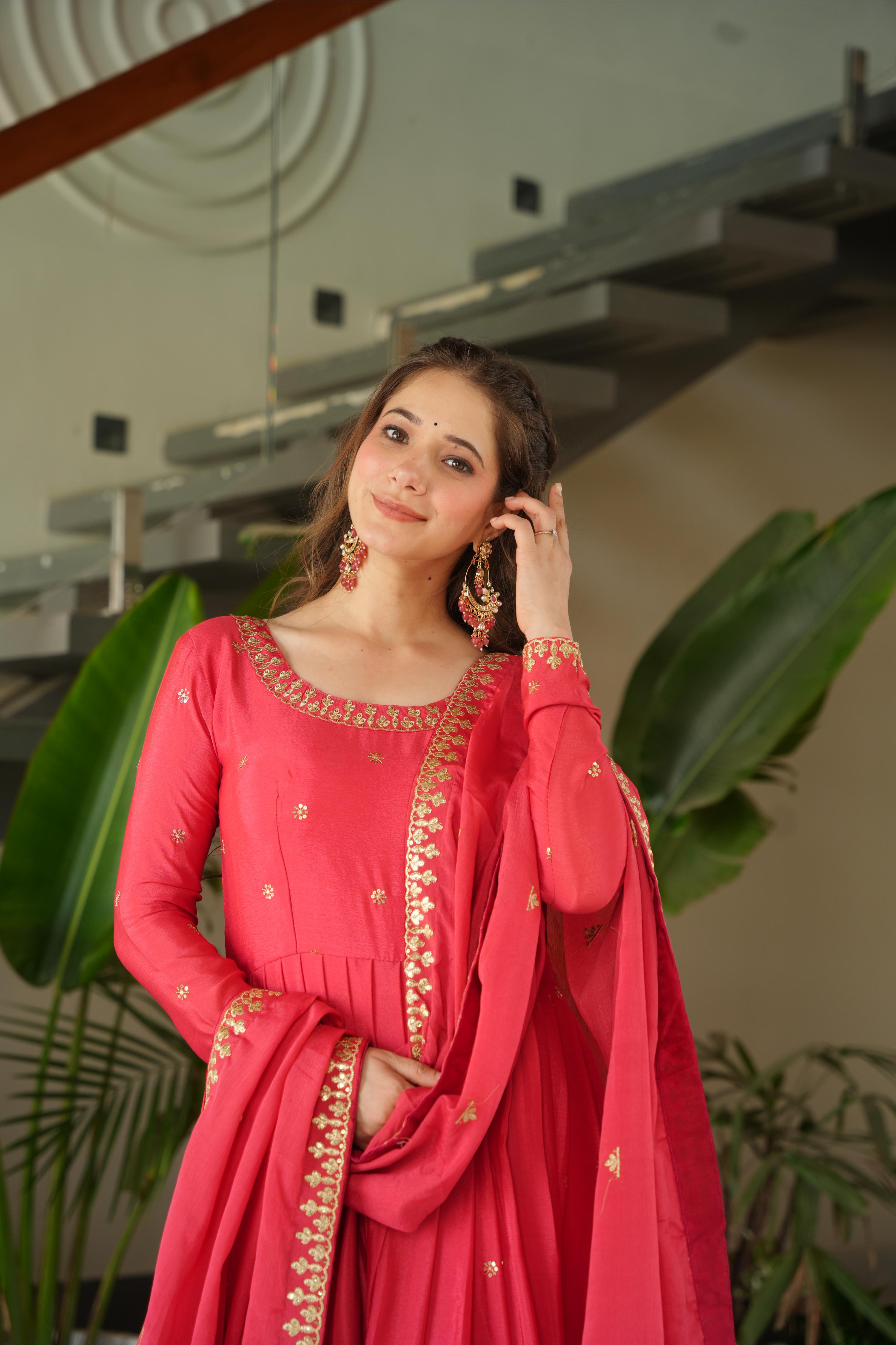 Jyoti Fashion Women's Pink Chinon Sequins Zari Embroidered Anarkali Set With Dupatta - Distacart