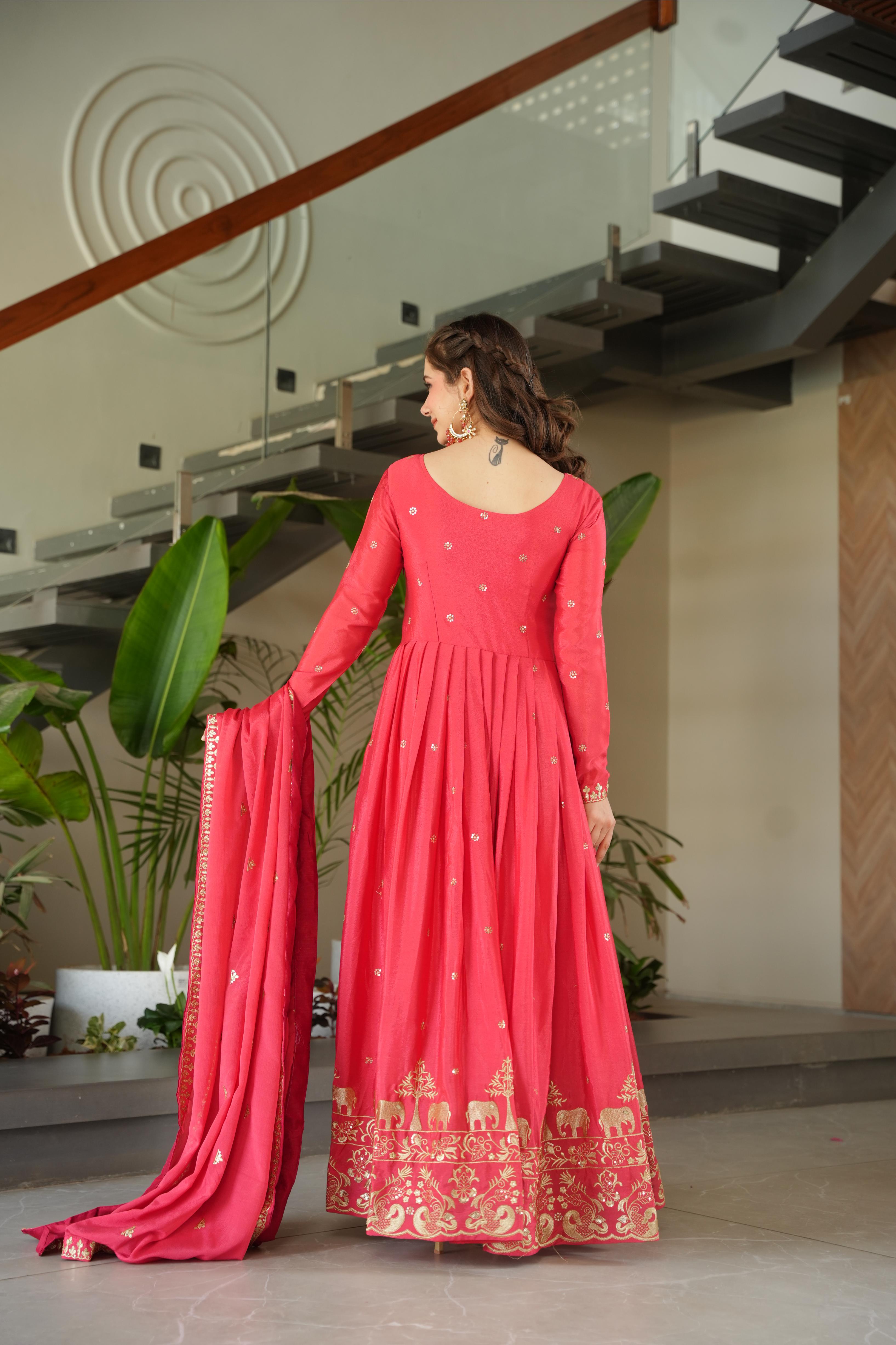 Jyoti Fashion Women's Pink Chinon Sequins Zari Embroidered Anarkali Set With Dupatta - Distacart