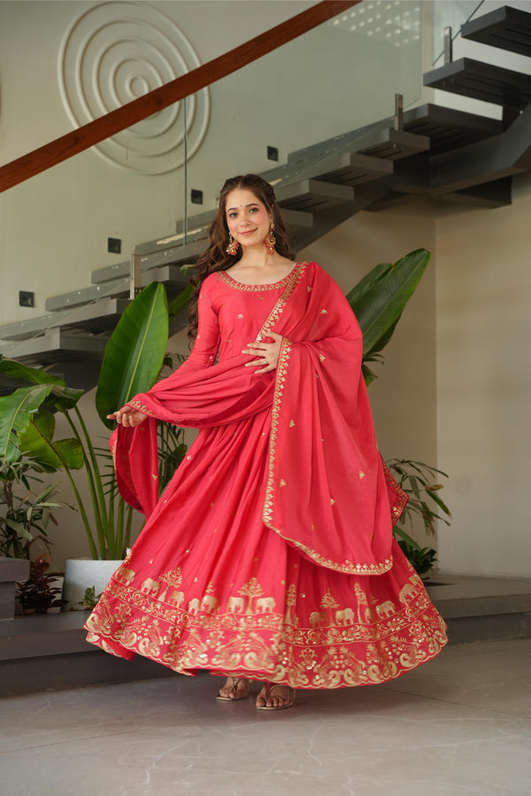 Jyoti Fashion Women's Pink Chinon Sequins Zari Embroidered Anarkali Set With Dupatta - Distacart