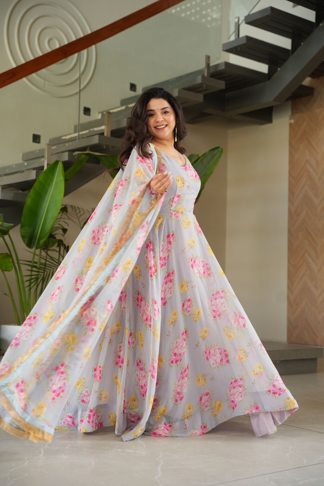 Jyoti Fashion Women's Grey Faux Georgette Floral Digital Printed Anarkali Set With Dupatta