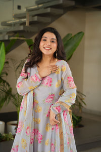 Thumbnail for Jyoti Fashion Women's Grey Faux Georgette Floral Digital Printed Anarkali Set With Dupatta