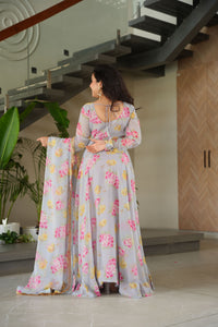 Thumbnail for Jyoti Fashion Women's Grey Faux Georgette Floral Digital Printed Anarkali Set With Dupatta
