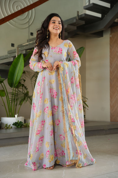 Jyoti Fashion Women's Grey Faux Georgette Floral Digital Printed Anarkali Set With Dupatta