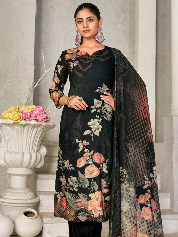 Jyoti Fashion Women's Black Pashmina Floral Digital Printed Kurta with Trouser & Dupatta - Distacart