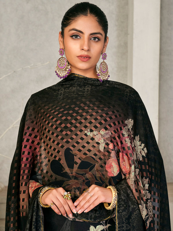 Jyoti Fashion Women's Black Pashmina Floral Digital Printed Kurta with Trouser & Dupatta - Distacart