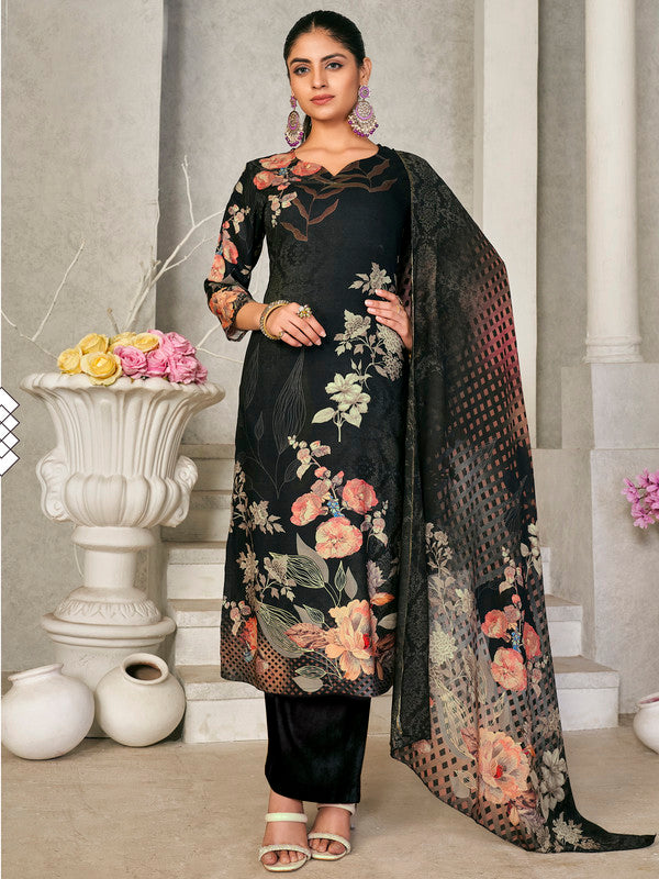 Jyoti Fashion Women's Black Pashmina Floral Digital Printed Kurta with Trouser & Dupatta - Distacart