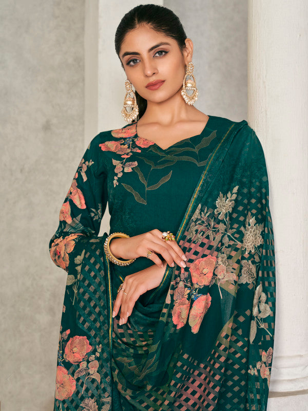 Jyoti Fashion Women's Green Pashmina Floral Digital Printed Kurta with Trouser & Dupatta - Distacart