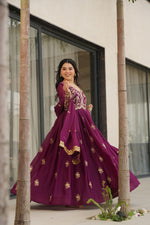 Thumbnail for Jyoti Fashion Women's Wine Star Georgette Sequins & Zari Embroidered Anarkali Set With Dupatta
