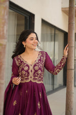 Thumbnail for Jyoti Fashion Women's Wine Star Georgette Sequins & Zari Embroidered Anarkali Set With Dupatta