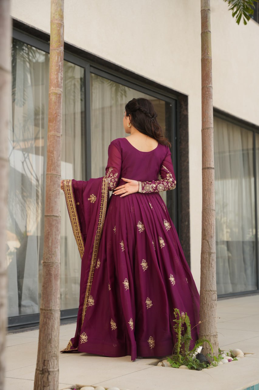 Jyoti Fashion Women's Wine Star Georgette Sequins & Zari Embroidered Anarkali Set With Dupatta