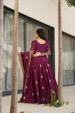 Thumbnail for Jyoti Fashion Women's Wine Star Georgette Sequins & Zari Embroidered Anarkali Set With Dupatta