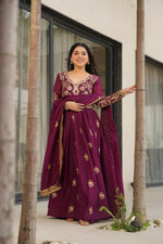 Thumbnail for Jyoti Fashion Women's Wine Star Georgette Sequins & Zari Embroidered Anarkali Set With Dupatta
