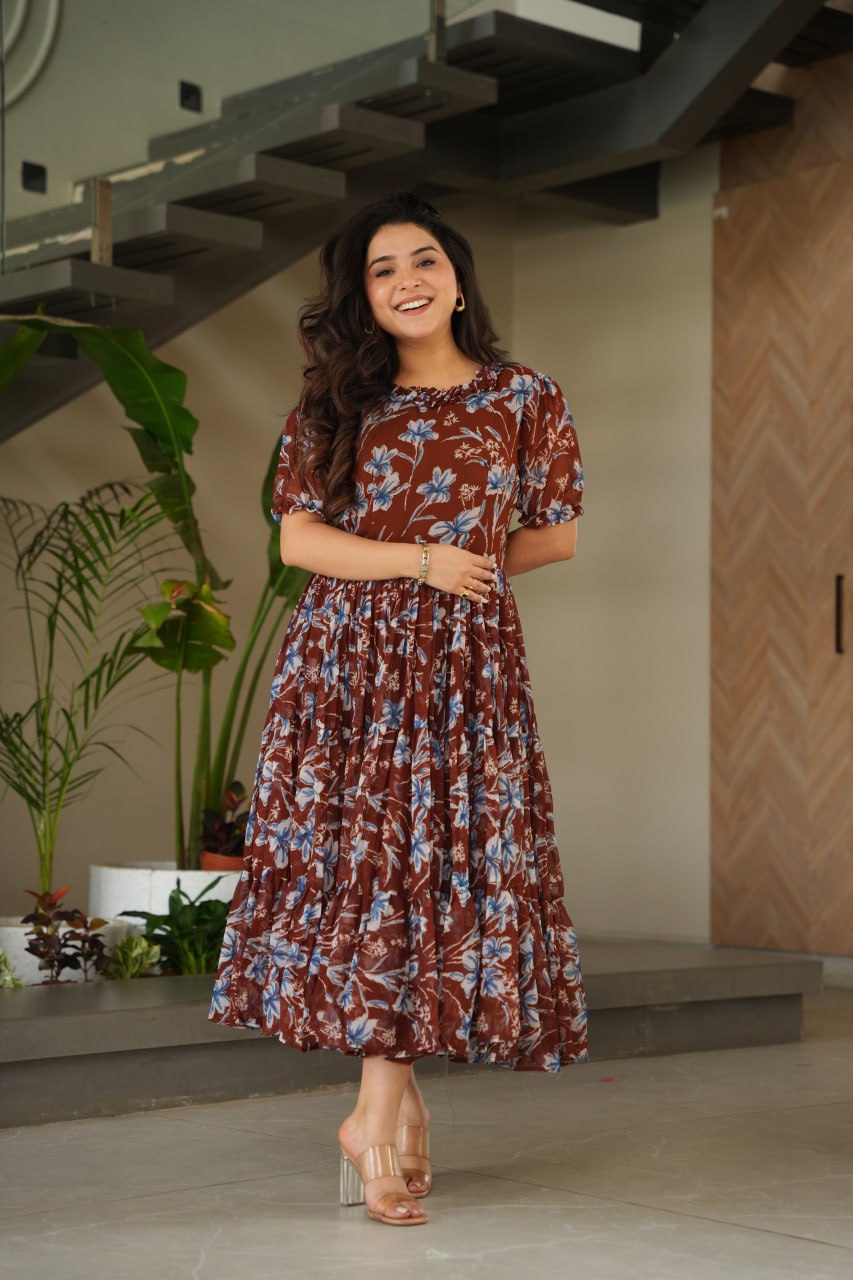 Jyoti Fashion Women's Brown Faux Georgette Printed Long Designer Anarkali Set