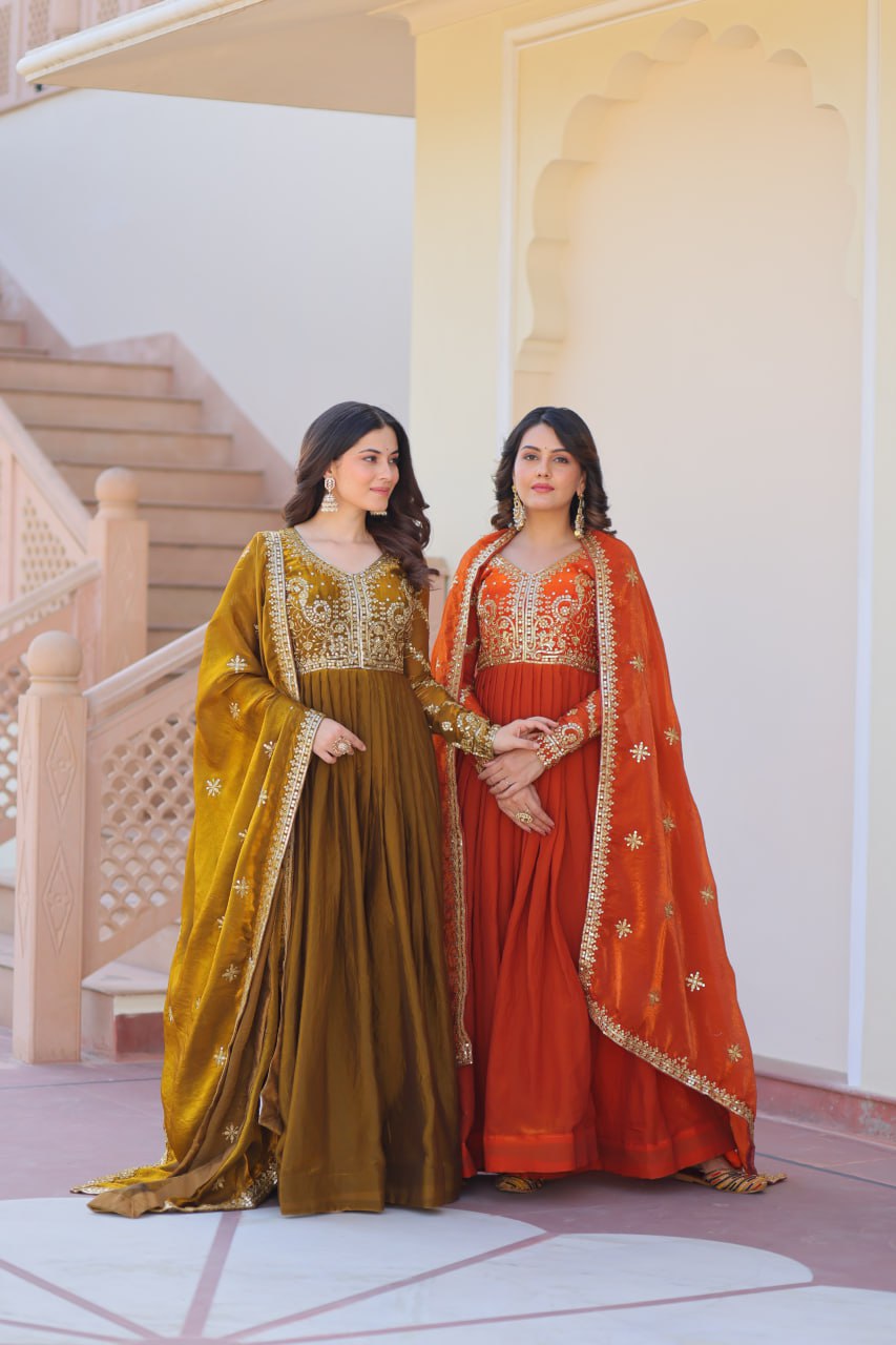 Jyoti Fashion Women's Mehendi & Fanta Fendi Sequins & Zari Embroidered Anarkali Combo Set With Dupatta - Distacart