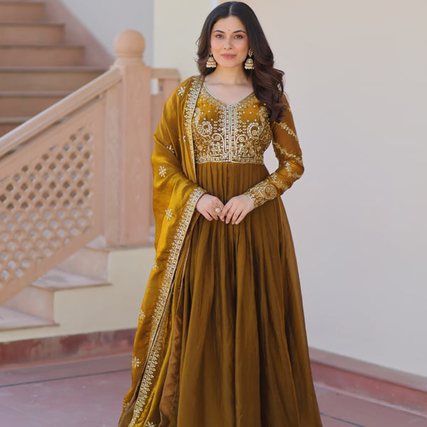 Jyoti Fashion Women's Mehendi Fendi Sequins & Zari Embroidered Anarkali Set With Dupatta - Distacart