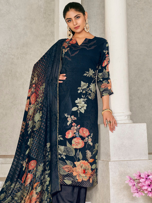 Jyoti Fashion Women's Navy Blue Pashmina Floral Digital Printed Kurta with Trouser & Dupatta - Distacart