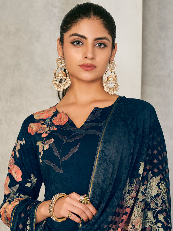 Jyoti Fashion Women's Navy Blue Pashmina Floral Digital Printed Kurta with Trouser & Dupatta - Distacart